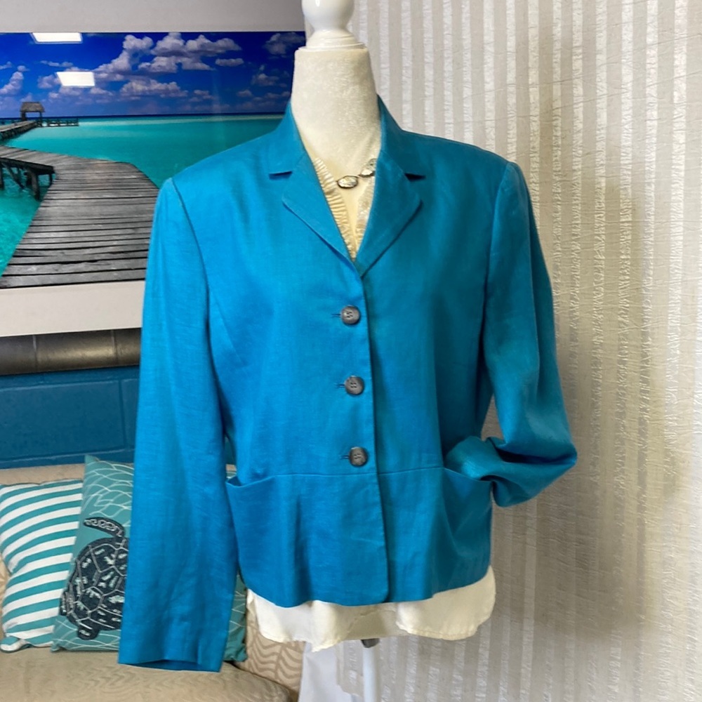 Ann Klein Marine Blue Linen Jacket, Size 12P (SUM191)